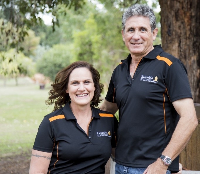 Karen and her husband Vince at their property and business, KalyaaNa Spa and Wellness Retreat.